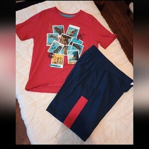 Red Graphic T-Shirt and Navy Shorts Set